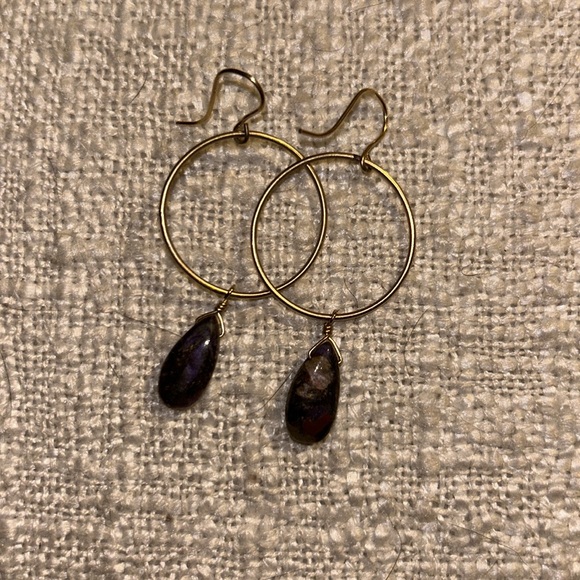 Gold Hoops with Purple Gemstone Drop - Picture 3 of 4